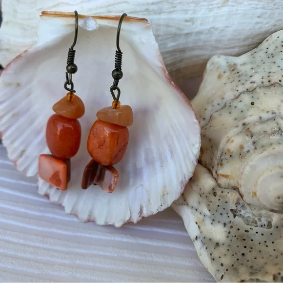 Drop Earrings Orange Tones Handcrafted Mixed Beads and Shell Materials Boho Chic - Picture 6 of 10